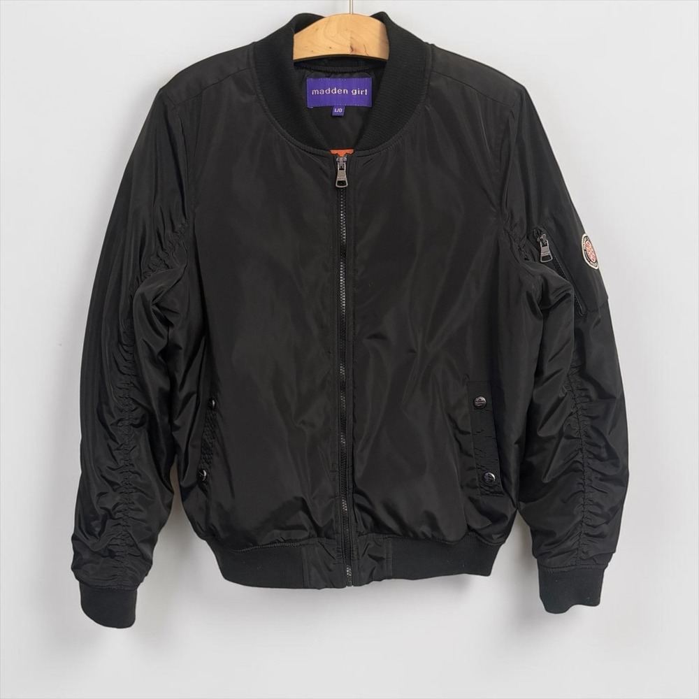 Madden Girl Womens Black Ruched Flight Bomber Jacket Orange Lining Large‎
